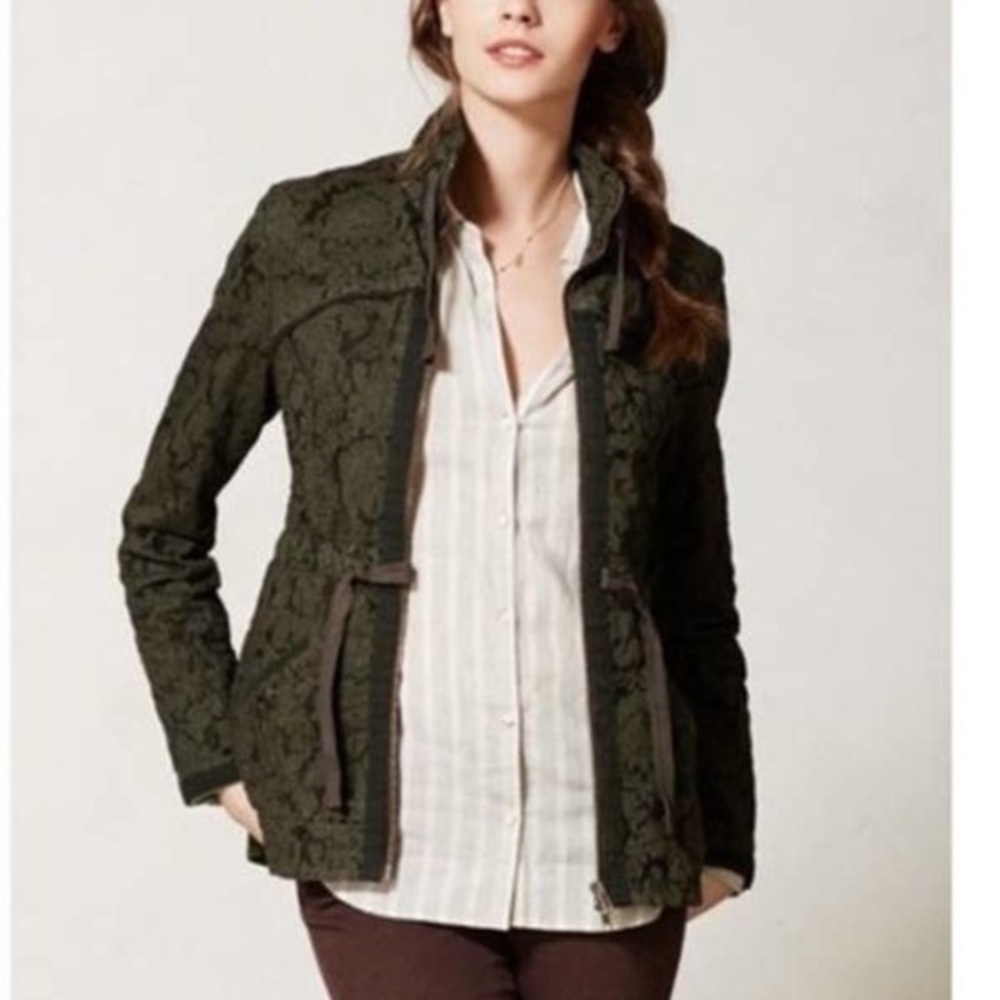Anthropologie Hei Hei ‘Burnett’ Anorak Jacket Velvet Floral Jacquard Olive